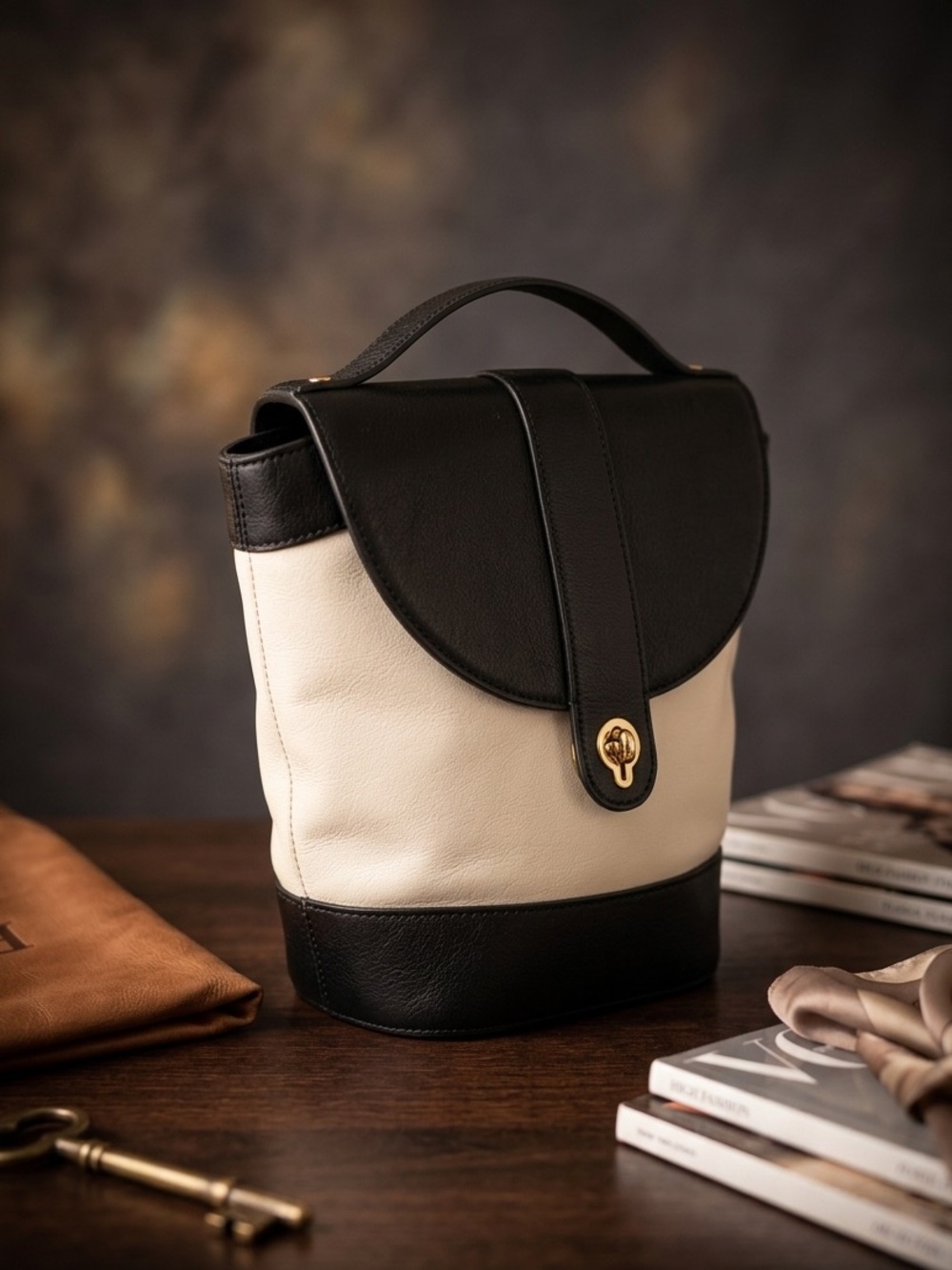 Fossil Colorblock Leather Turnlock Bucket Bag